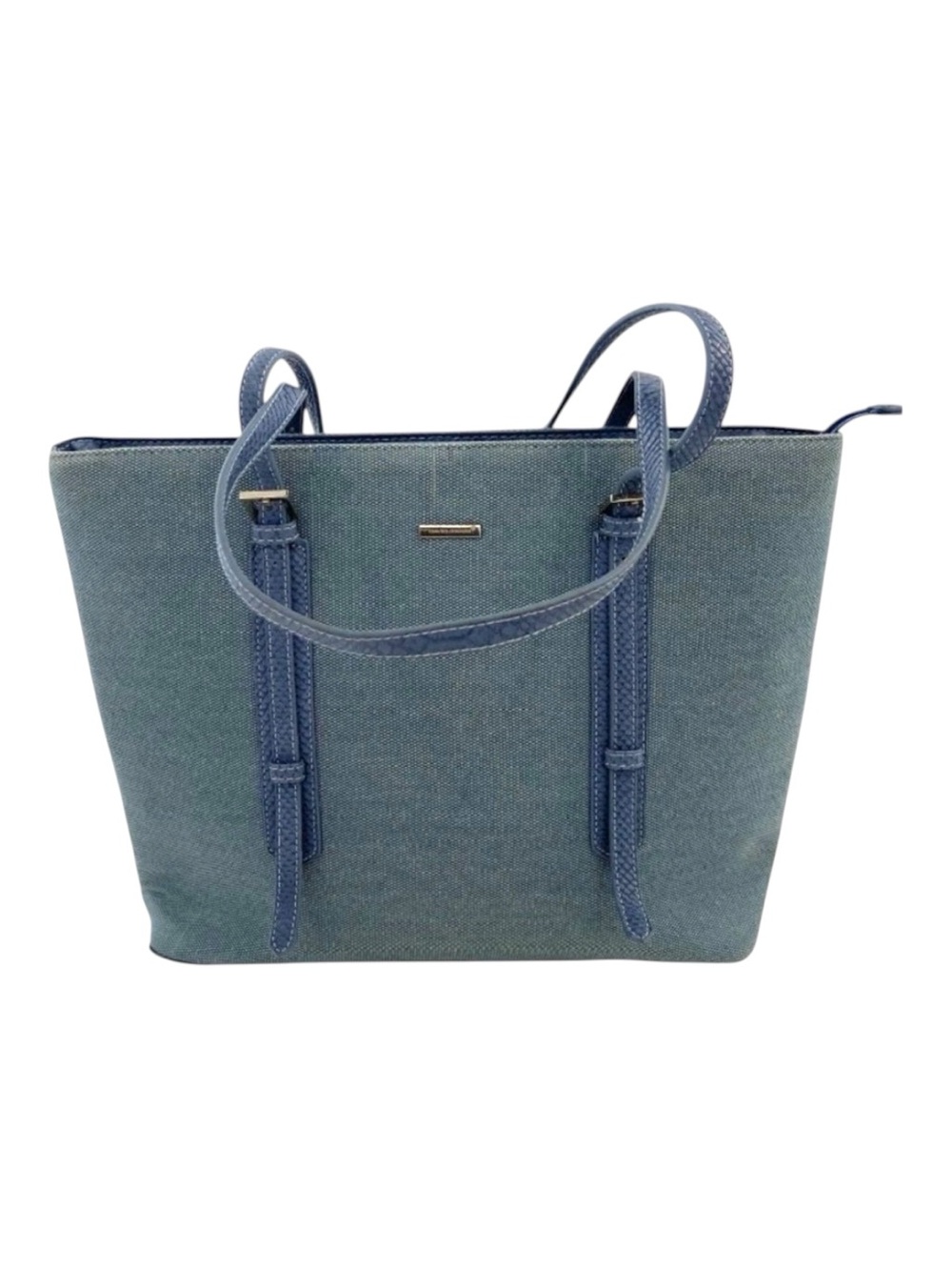 David Jones Paris Womens Blue Green Structured Tote Bag Textured Work Shoulder B